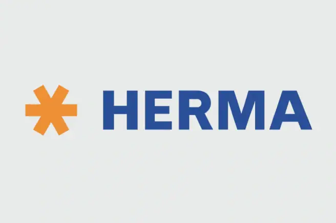 HERMA Logo, blauer Schriftzug mit orangefarbenem Sternsymbol.